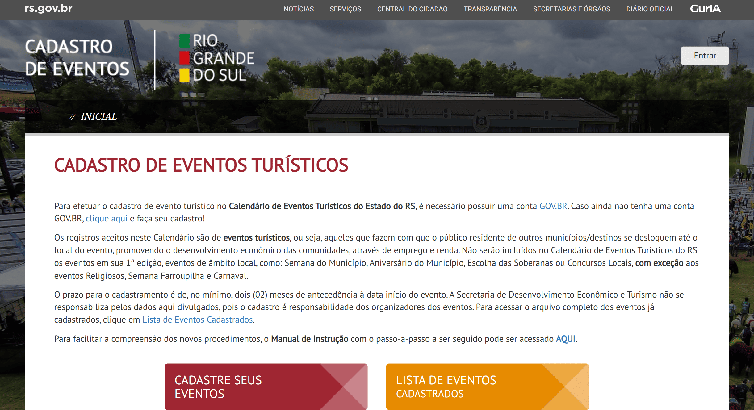 Página de login do sistema de Cadastro de Eventos Turísticos do Rio Grande do Sul