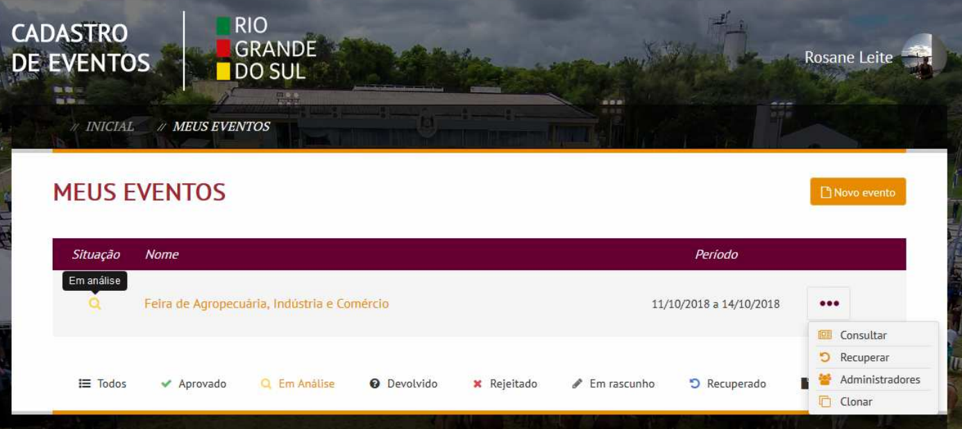 Página Meus Eventos do sistema de Cadastro de Eventos Turísticos do Rio Grande do Sul