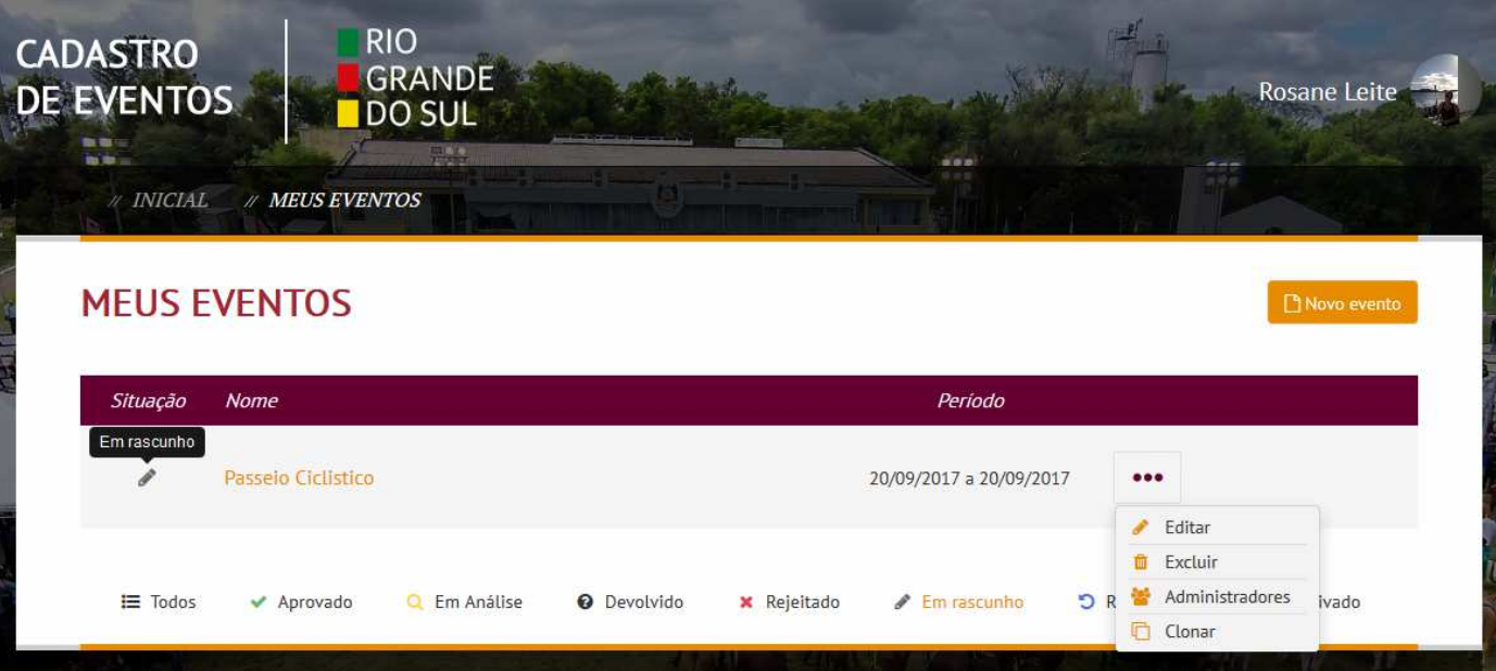 Página Meus Eventos do sistema de Cadastro de Eventos Turísticos do Rio Grande do Sul