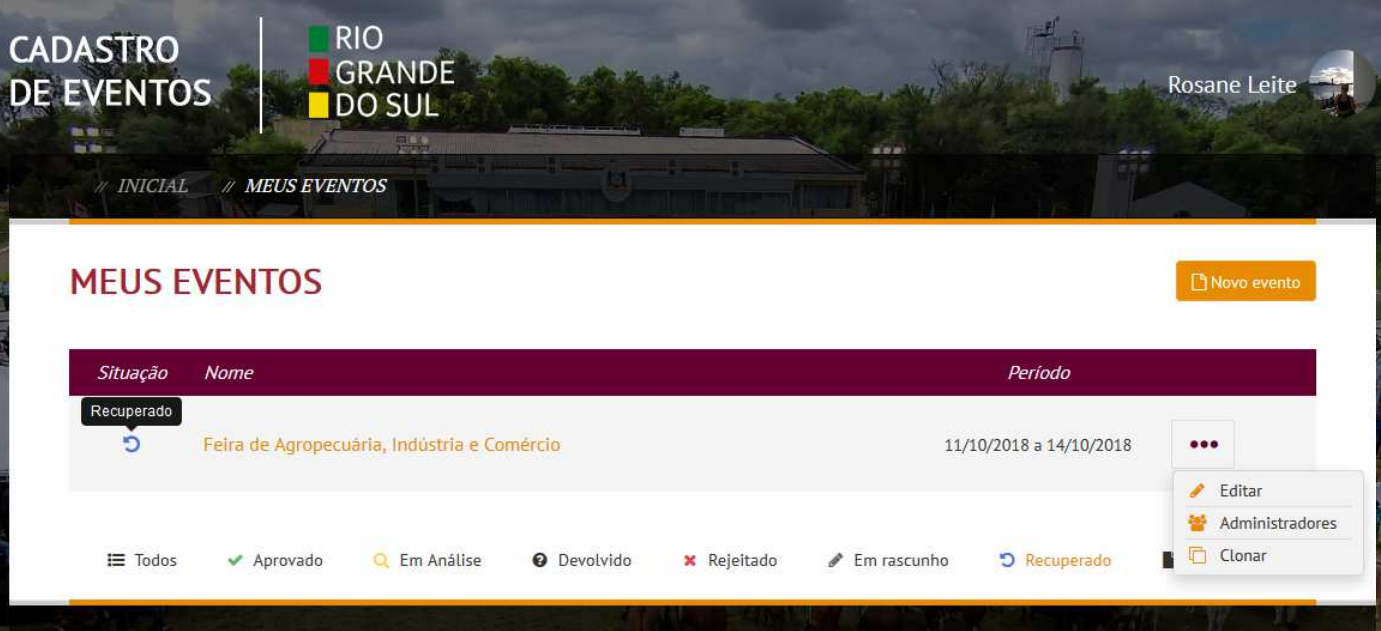 Página Meus Eventos do sistema de Cadastro de Eventos Turísticos do Rio Grande do Sul
