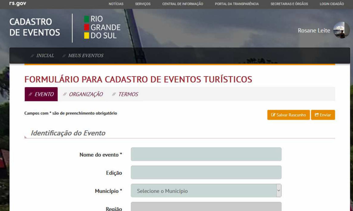 Página de cadastro de novo evento do sistema de Cadastro de Eventos Turísticos do Rio Grande do Sul