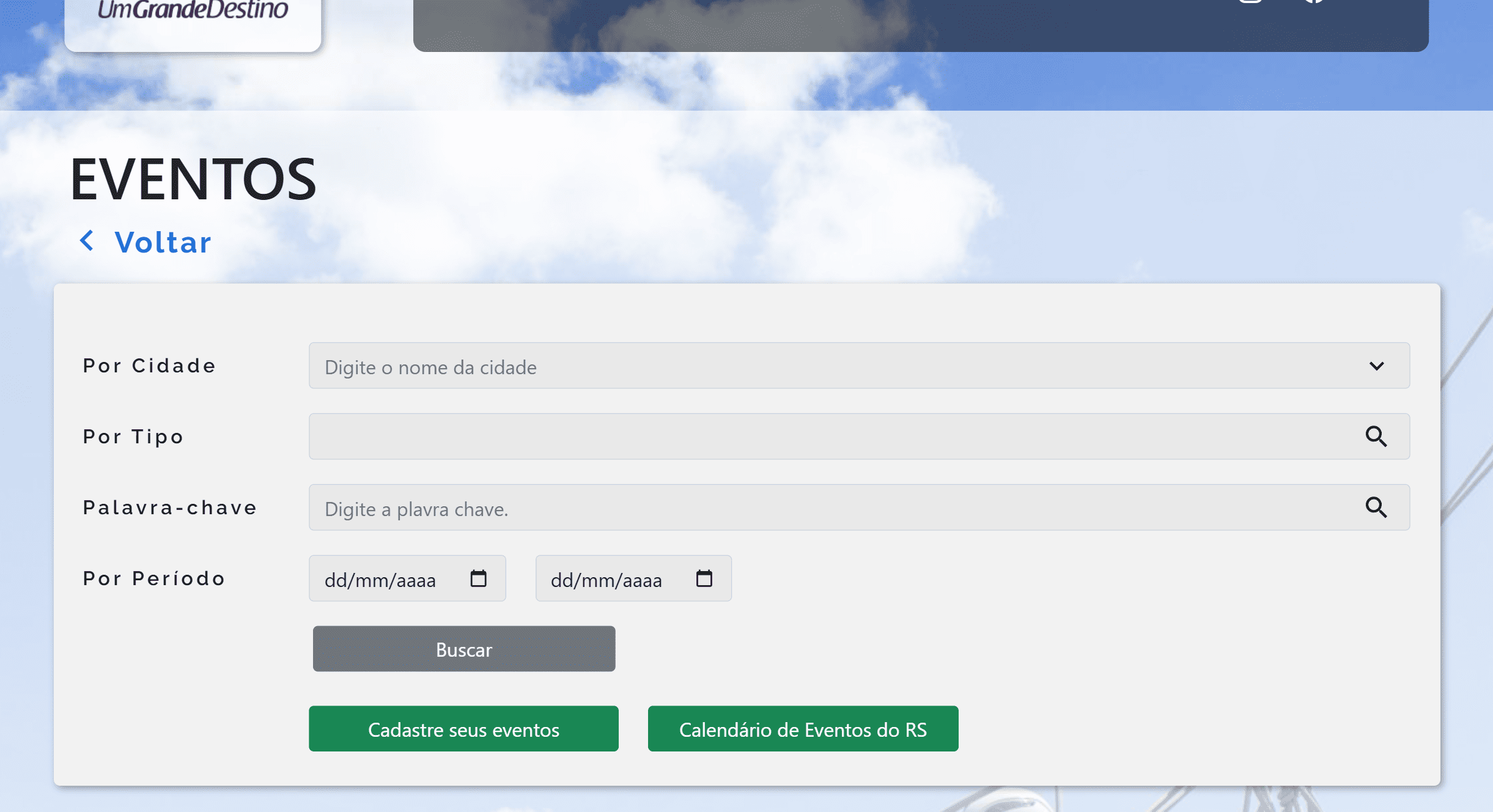 Página de eventos do site Turismo RS
